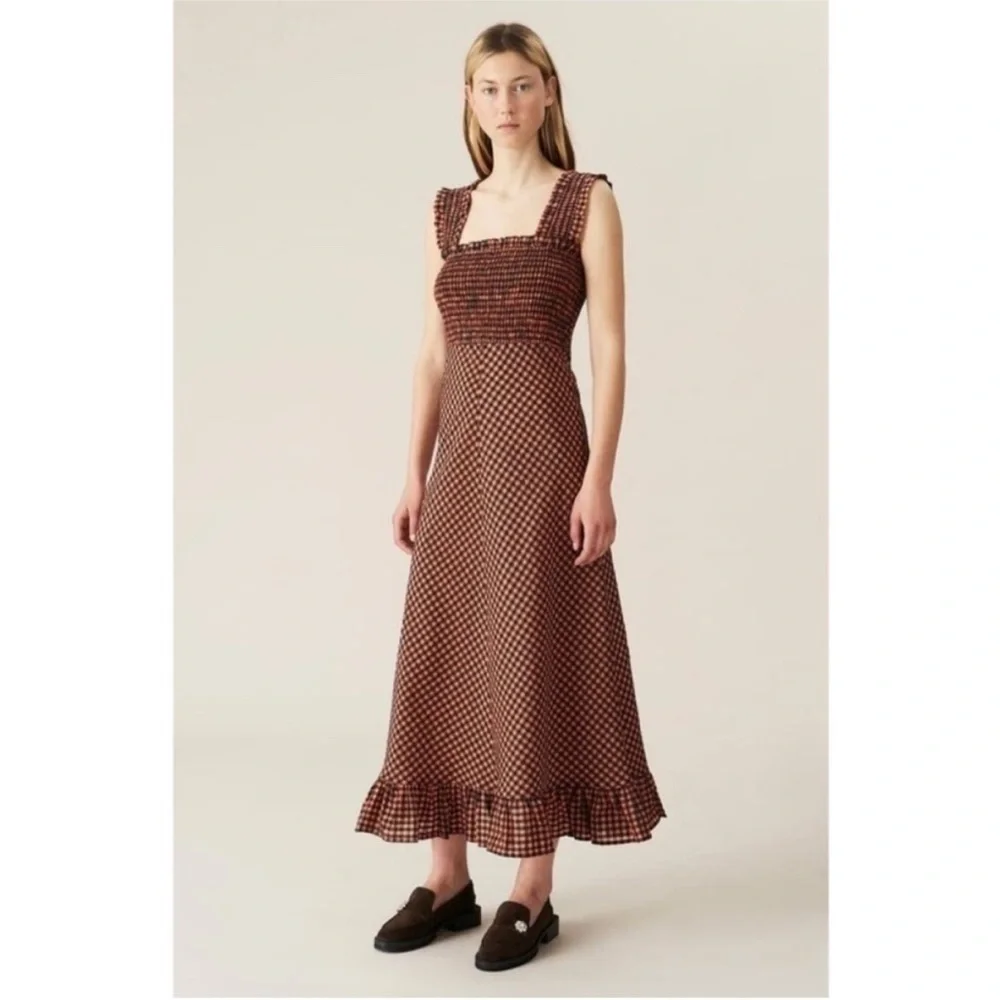 Ganni Dress Seersucker Midi Smocked in Flame Check Red